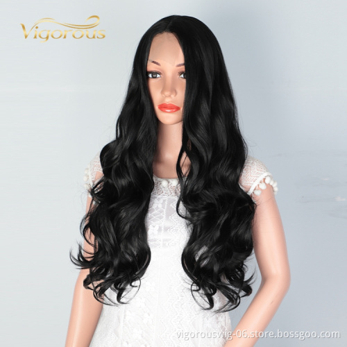 Vigorous New Fashion Cheap For Women Long Black Water Wave Fiber Heat Resistant Afro Curly Synthetic Lace Front Wig